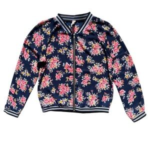 Point Womens Sz Small Navy Pink Yellow Floral Full Zip Sheer Bomber Jacket #1177